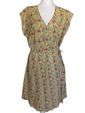 Woolrich Women’s Citrus Multi Yellow Floral Wrap Dress Sz L Elastic Waist V-Neck